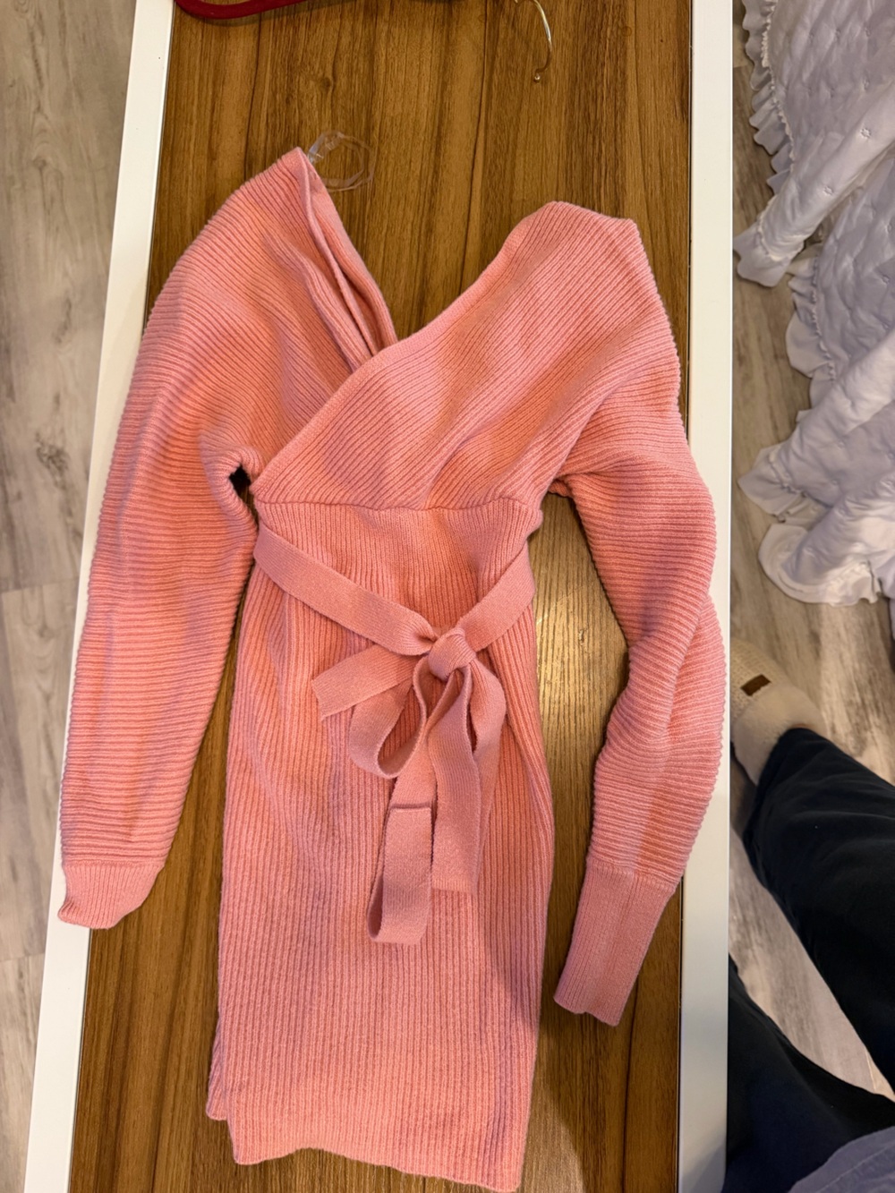Love Off-the-Shoulder Ribbed Sweater Dress in Dusty Pink